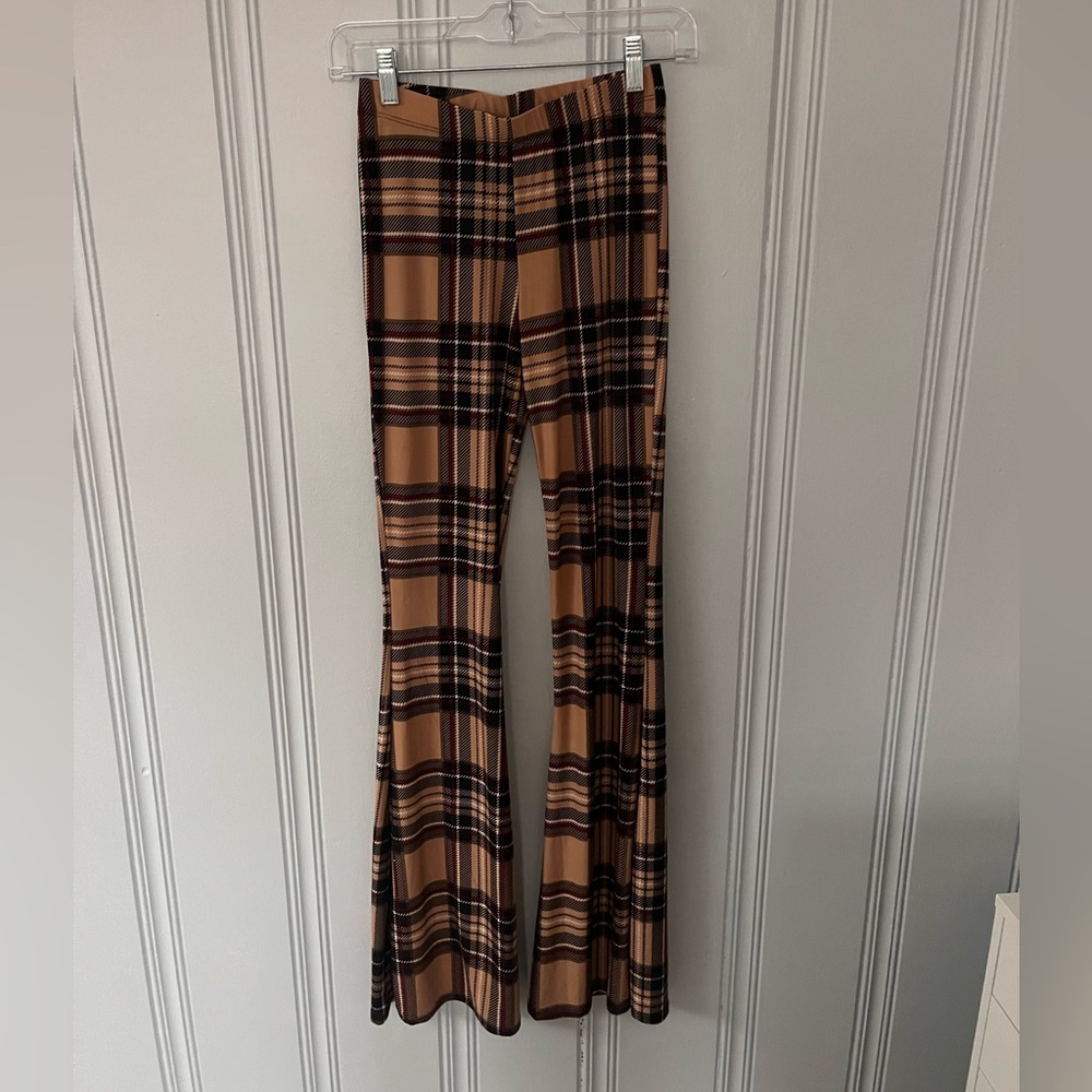 Tan, black and maroon plaid flare leggings